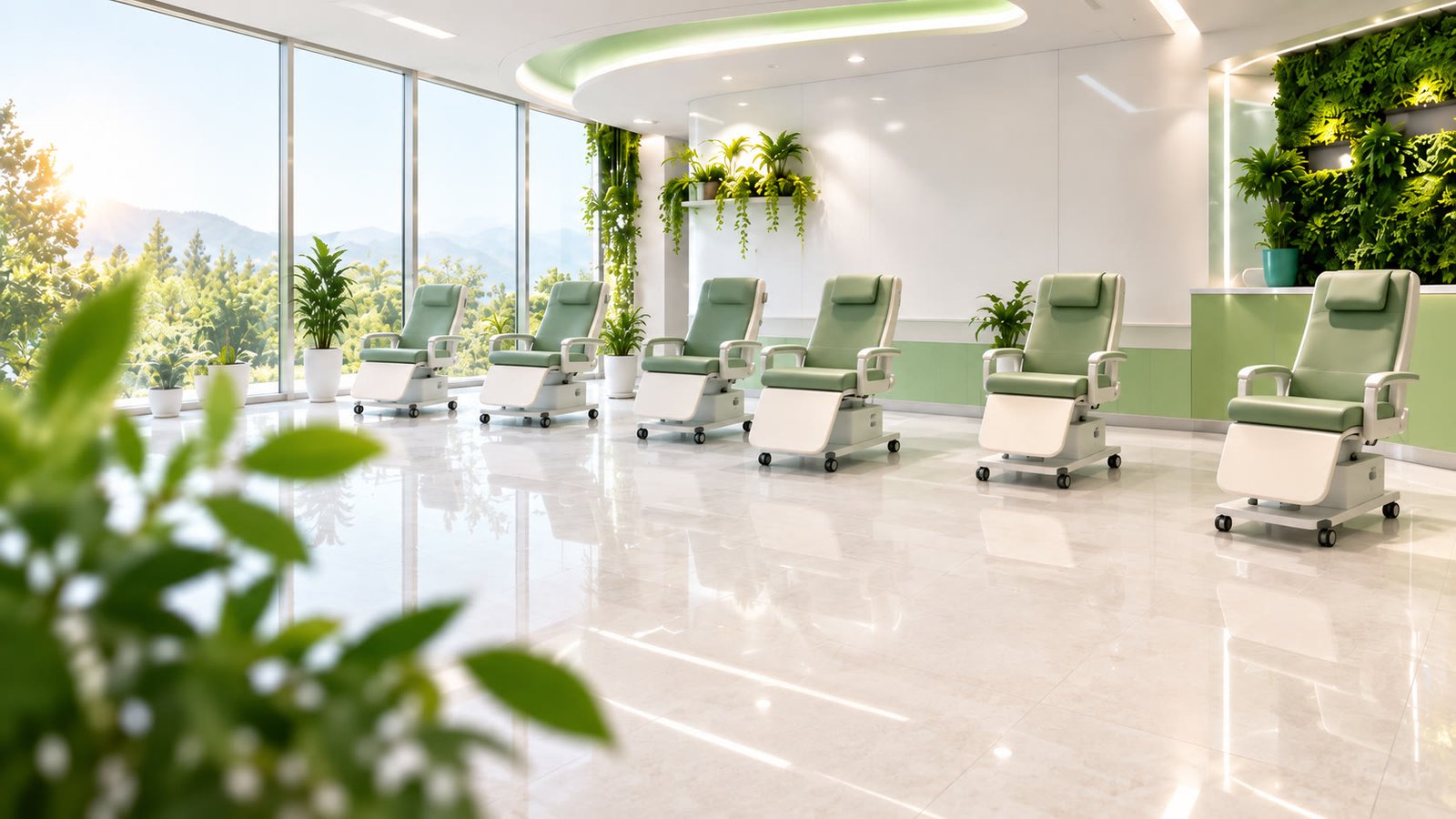 Adaçayı rengi tedavi koltukları, geniş pencereler ve canlı bitki duvarı olan aydınlık bir diyaliz kliniği.